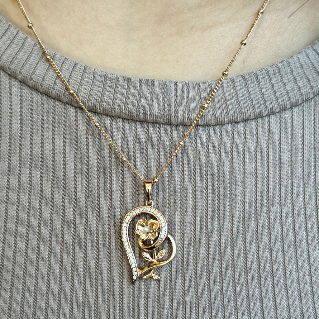 Harma Jewelry 18k gold plated Enchanted Heart and Rose Necklace