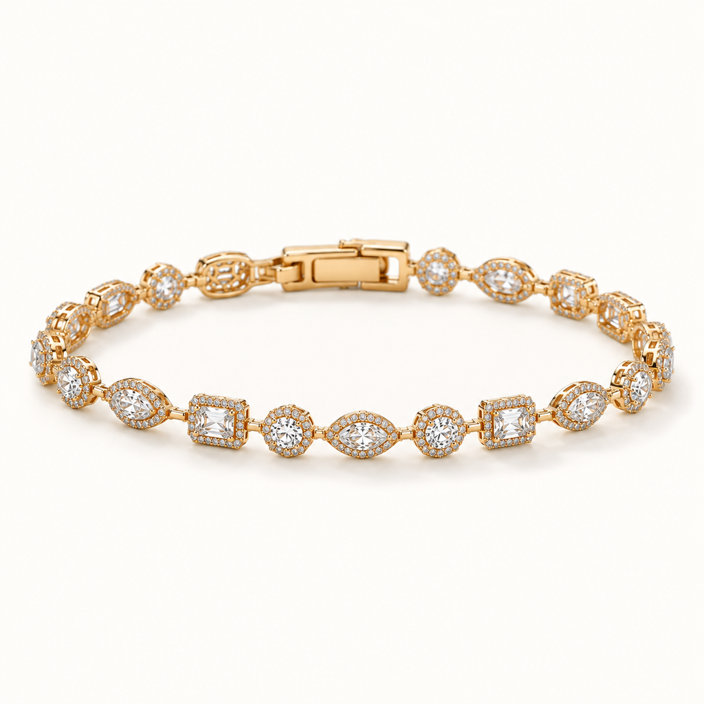 A yellow gold tennis bracelet adorned with round and marquise-cut diamonds, arranged in a circular shape on a clean white background. Fall Constellation Zirconia Bracelet 18k gold plated Harma jewlery