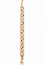 A gold link bracelet featuring alternating twisted chevron links and oval links set with small clear stones, shown on a plain white background. Gilded Spark Gold Zirconia Link Bracelet | Harma Jewelry 18k gold plated
