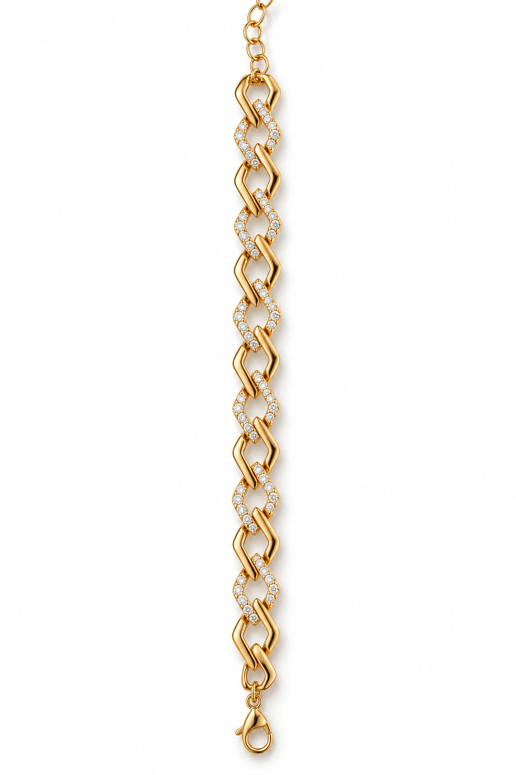 A gold link bracelet featuring alternating twisted chevron links and oval links set with small clear stones, shown on a plain white background. Gilded Spark Gold Zirconia Link Bracelet | Harma Jewelry 18k gold plated