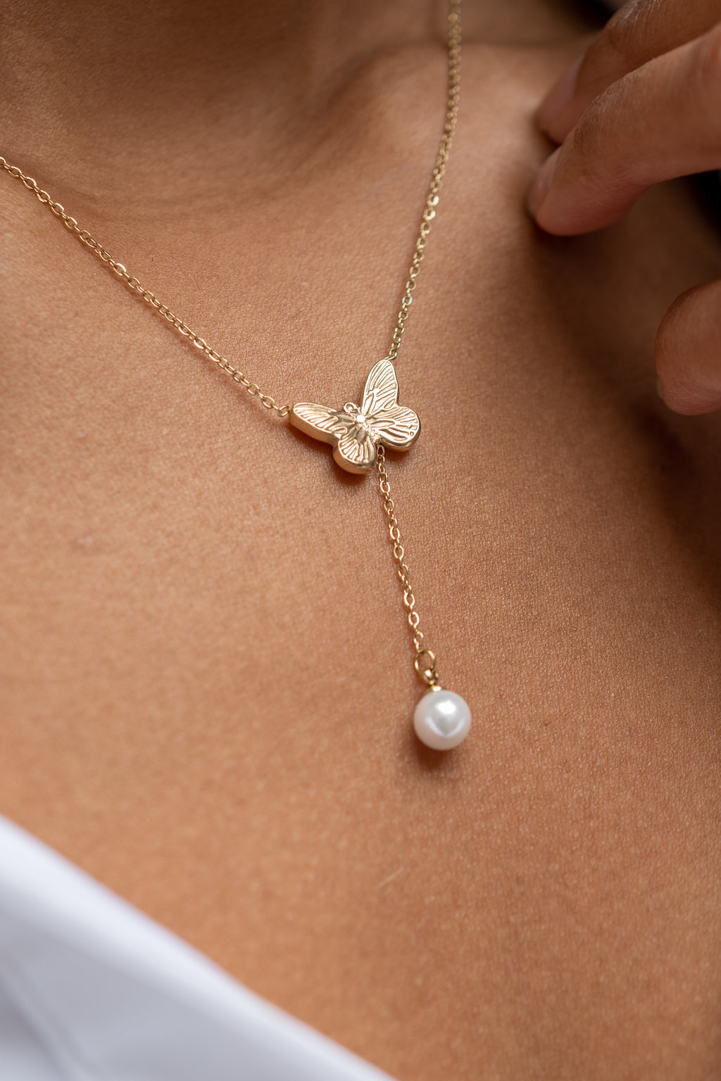 Harma Jewelry 14k gold plated dawn collection Resilient Butterfly Pearl Drop Necklace