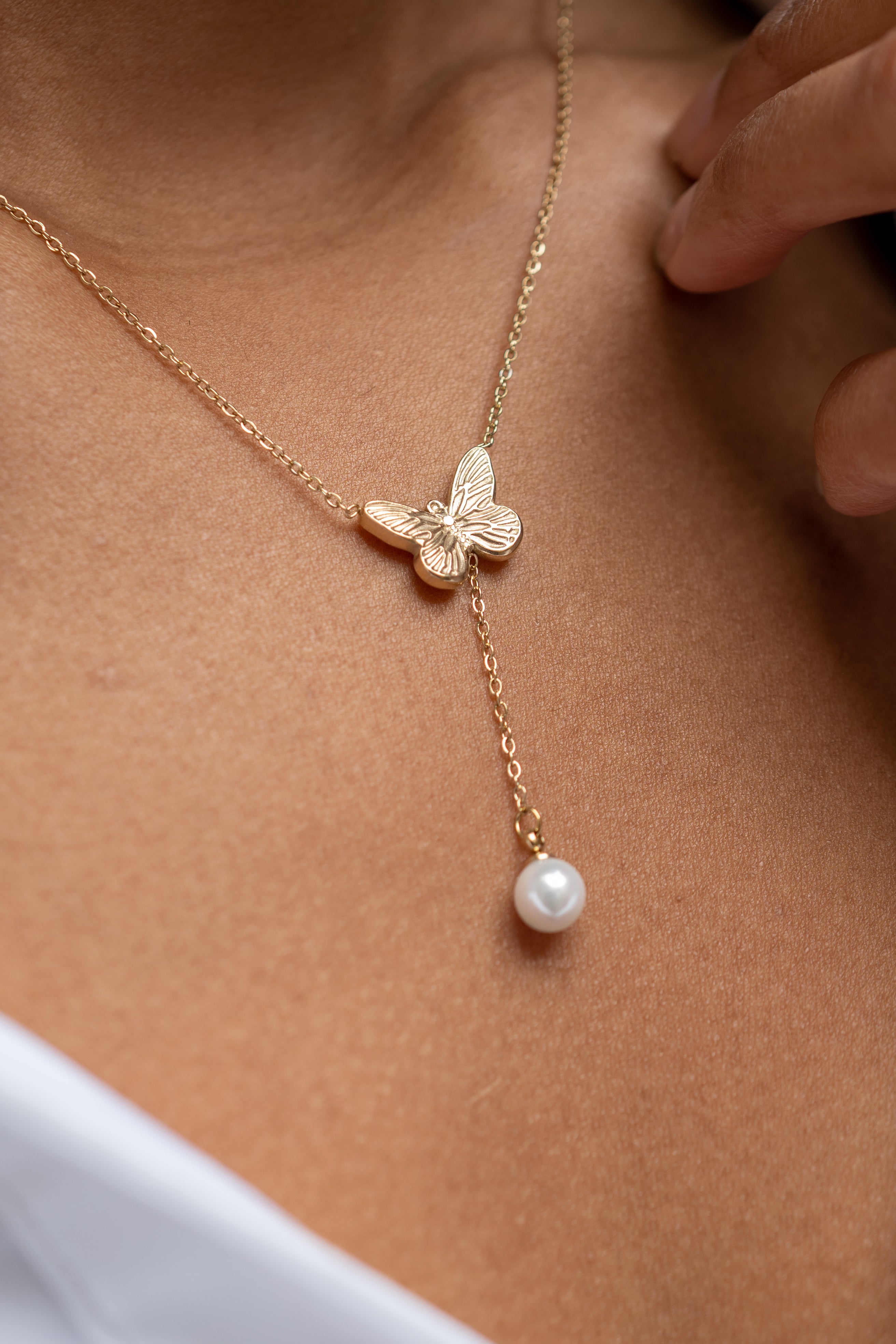 Harma Jewelry 14k gold plated dawn collection Resilient Butterfly Pearl Drop Necklace