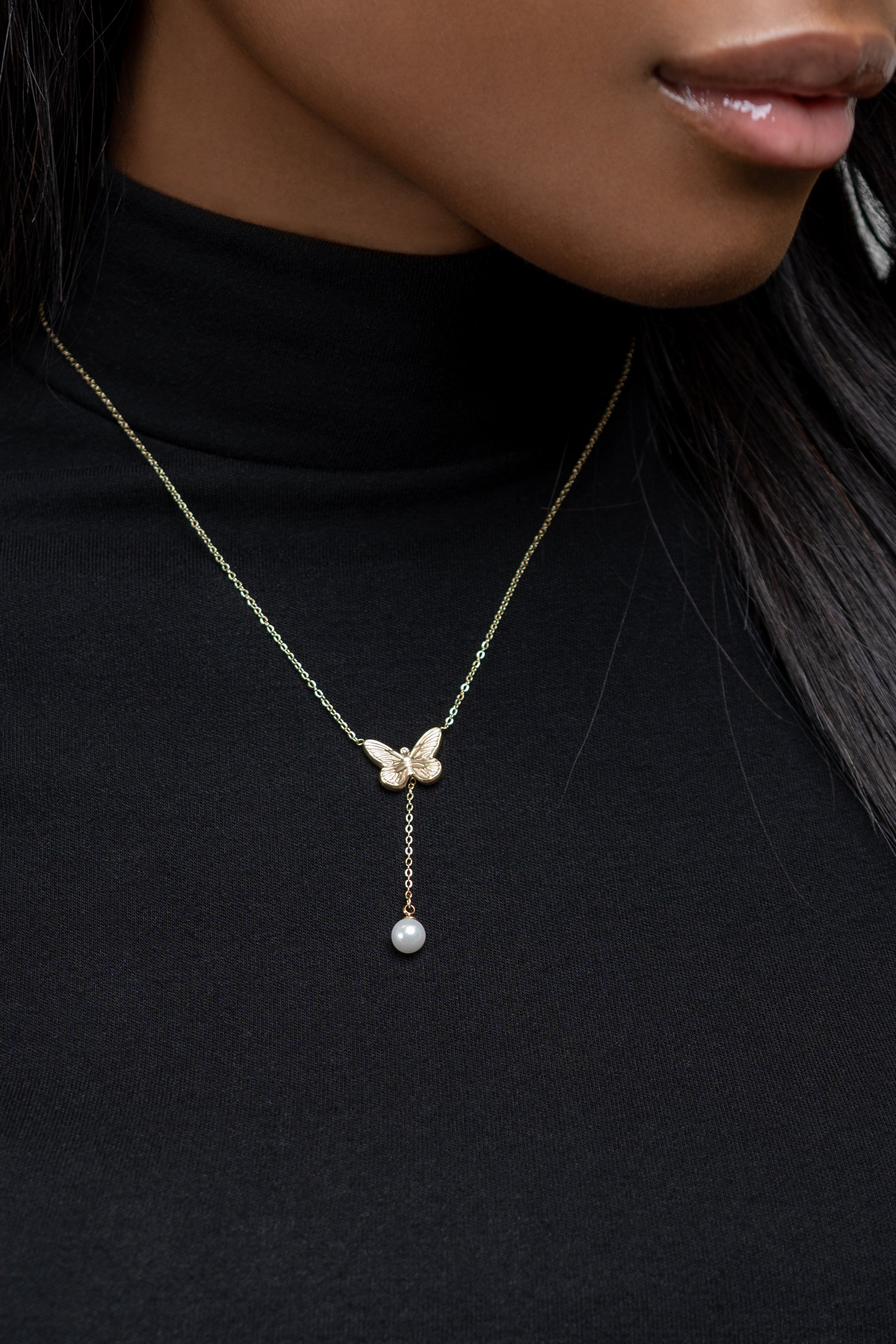 Harma Jewelry 14k gold plated dawn collection Resilient Butterfly Pearl Drop Necklace