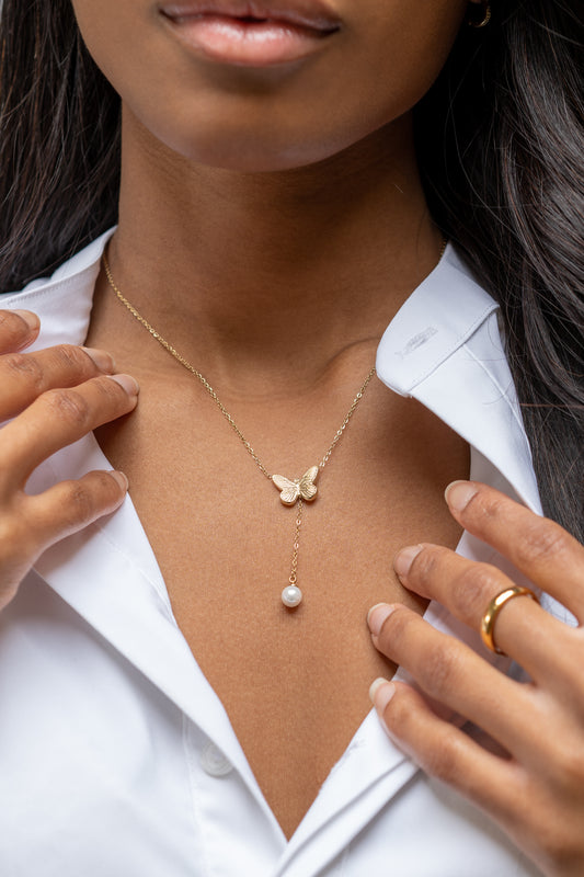 Harma Jewelry 14k gold plated dawn collection Resilient Butterfly Pearl Drop Necklace
