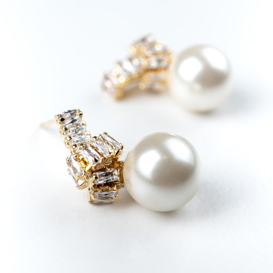Harma Jewelry 18K GOLD PLATED Serene Pearl Baguette Zirconia Stud Earrings