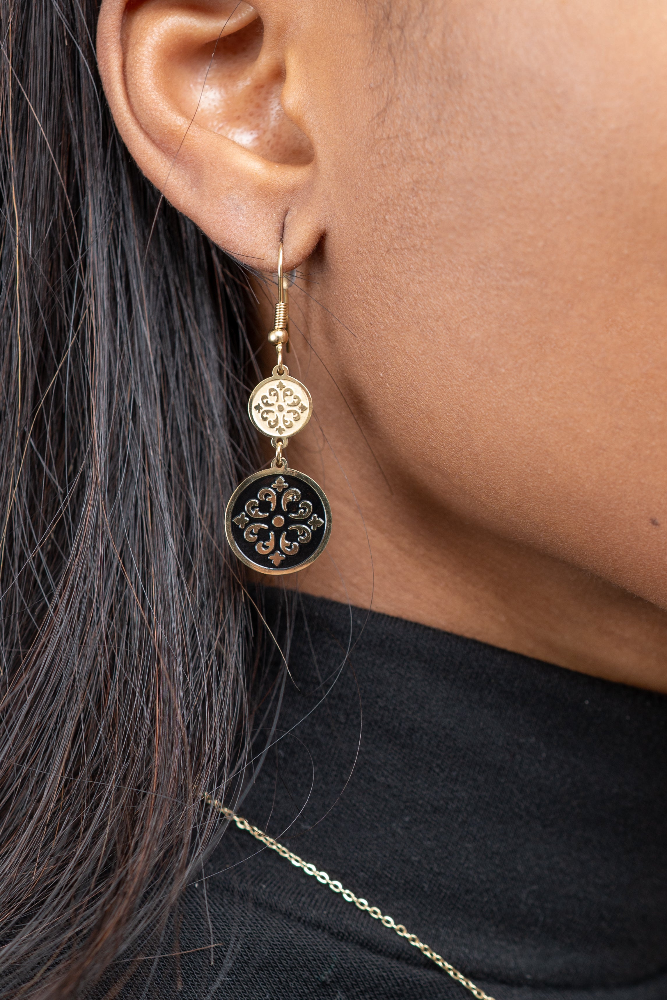 Harma Jewelry Enchanted Heirloom Dangle Earrings - bold statement black 18K gold plated earrings for women