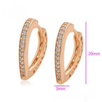Rose gold hoop earrings with diamond accents and size measurement on a white background