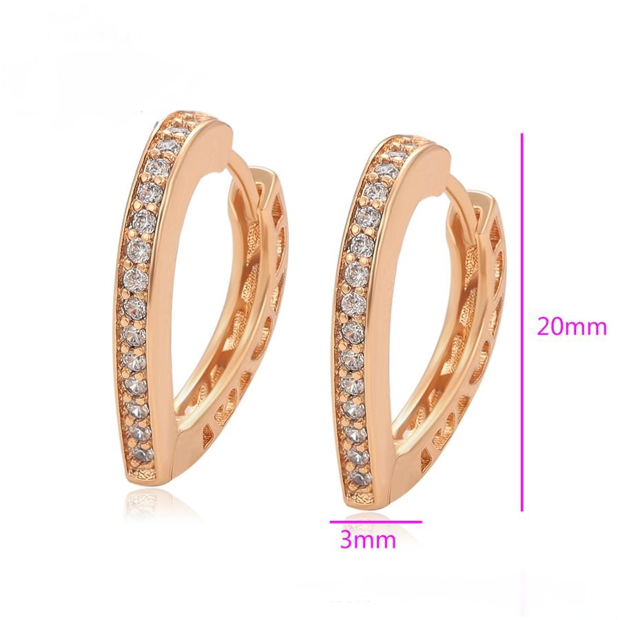 Rose gold hoop earrings with diamond accents and size measurement on a white background
