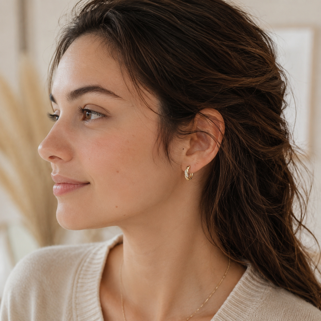 Woman wearing gold hoop earrings with a neutral background