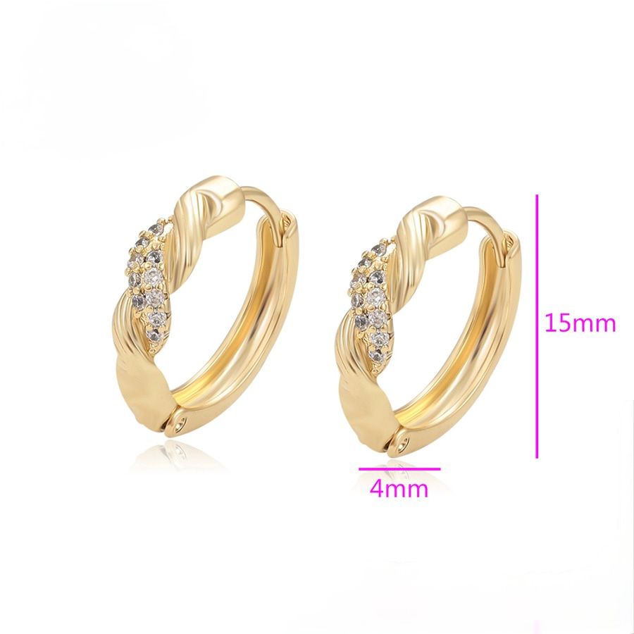 Gold hoop earrings with embedded stones, shown with measurements on a white background.