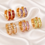 Set of gold hoop earrings with colorful gemstones on a white background. Harma_Jewellery_Multicolor_earings_Cubic_Zirconia_Pink_Purple_White_Brown_Red_Green_Yellow_Everyday_Simple_Earrings_2