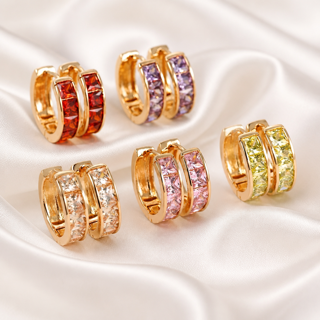Set of gold hoop earrings with colorful gemstones on a white background. Harma_Jewellery_Multicolor_earings_Cubic_Zirconia_Pink_Purple_White_Brown_Red_Green_Yellow_Everyday_Simple_Earrings_2