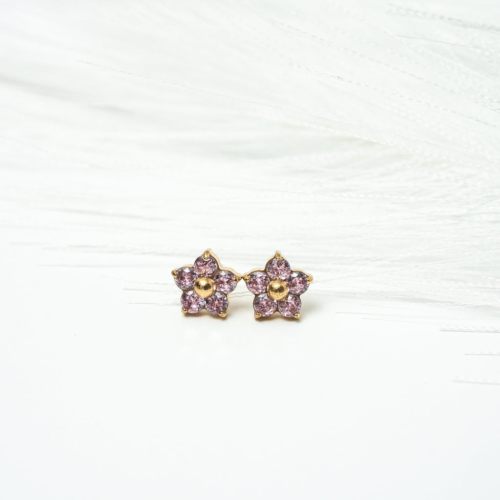 Harma Jewelry Little Bloom PINK Zirconia Stud Earrings - self-care pink 18K gold plated earrings for women