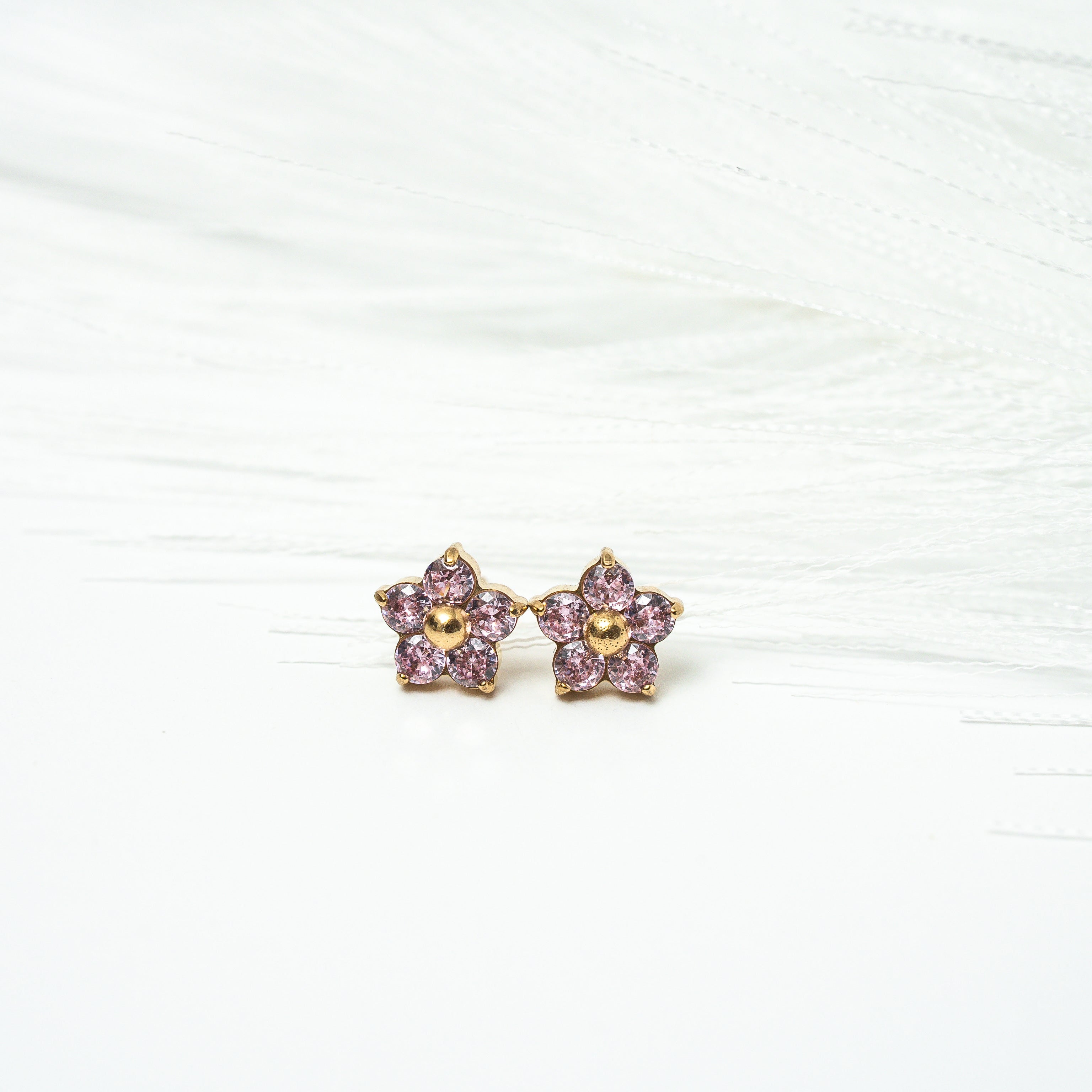 Harma Jewelry Little Bloom PINK Zirconia Stud Earrings - self-care pink 18K gold plated earrings for women