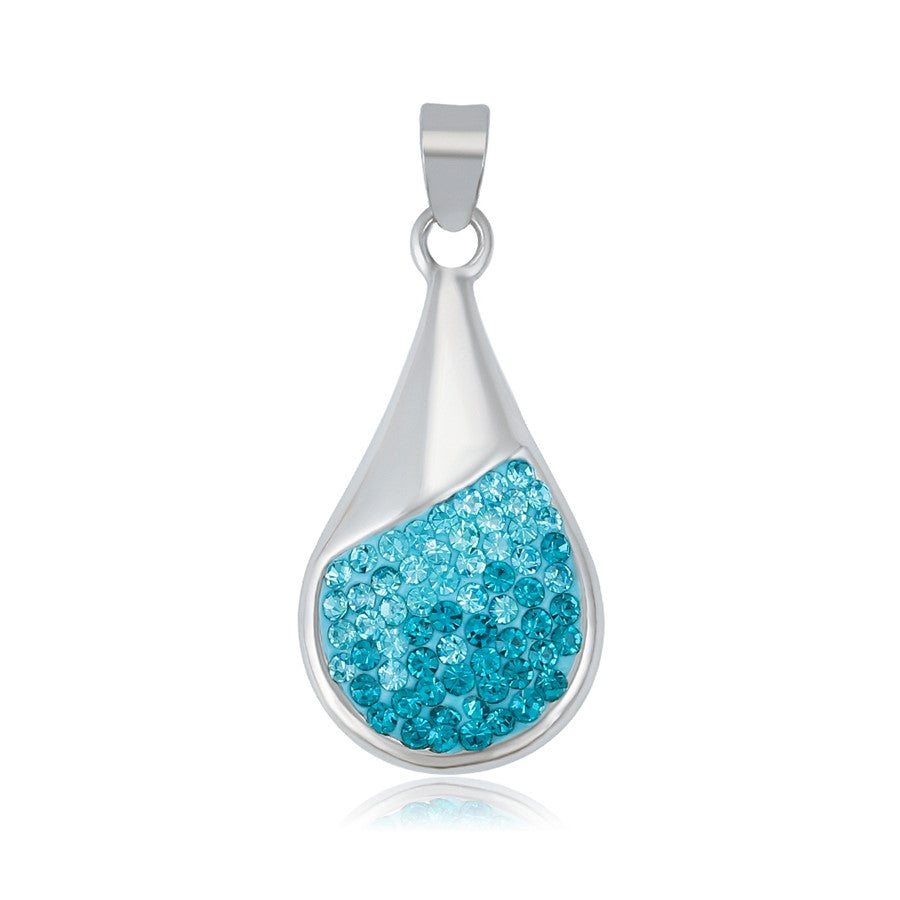 Harma jewelry platinum plated white gold teardrop necklace in three colors blue burgundy and white stones. Harma jewelry Droplets of Mercy Platinum Plated Teardrop Necklace Blue Stones.