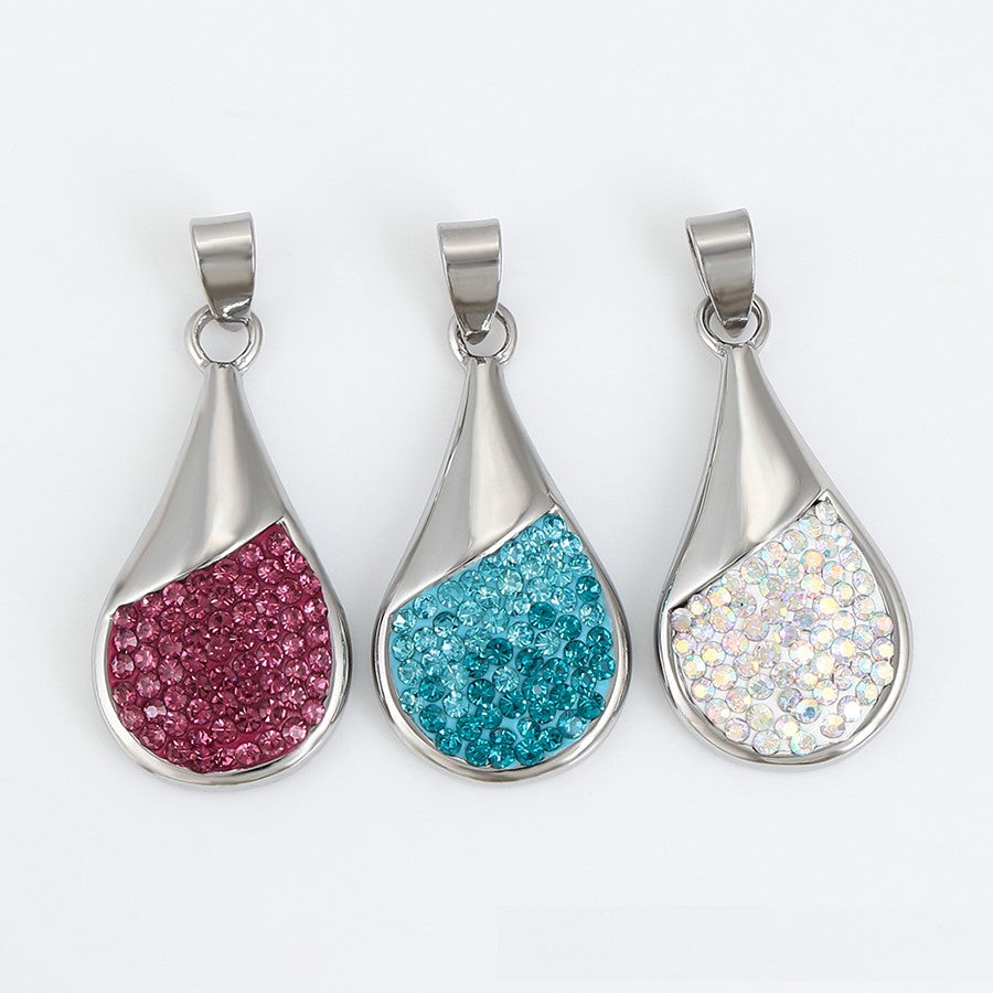 Harma jewelry platinum plated white gold teardrop necklace in three colors blue burgundy and white stones. Harma jewelry Droplets of Mercy Platinum Plated Teardrop Necklace Blue White Pink Stones 