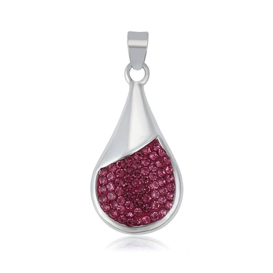 Harma jewelry platinum plated white gold teardrop necklace in three colors blue burgundy and white stones. Harma jewelry Droplets of Mercy Platinum Plated Teardrop Necklace Pink Stones 