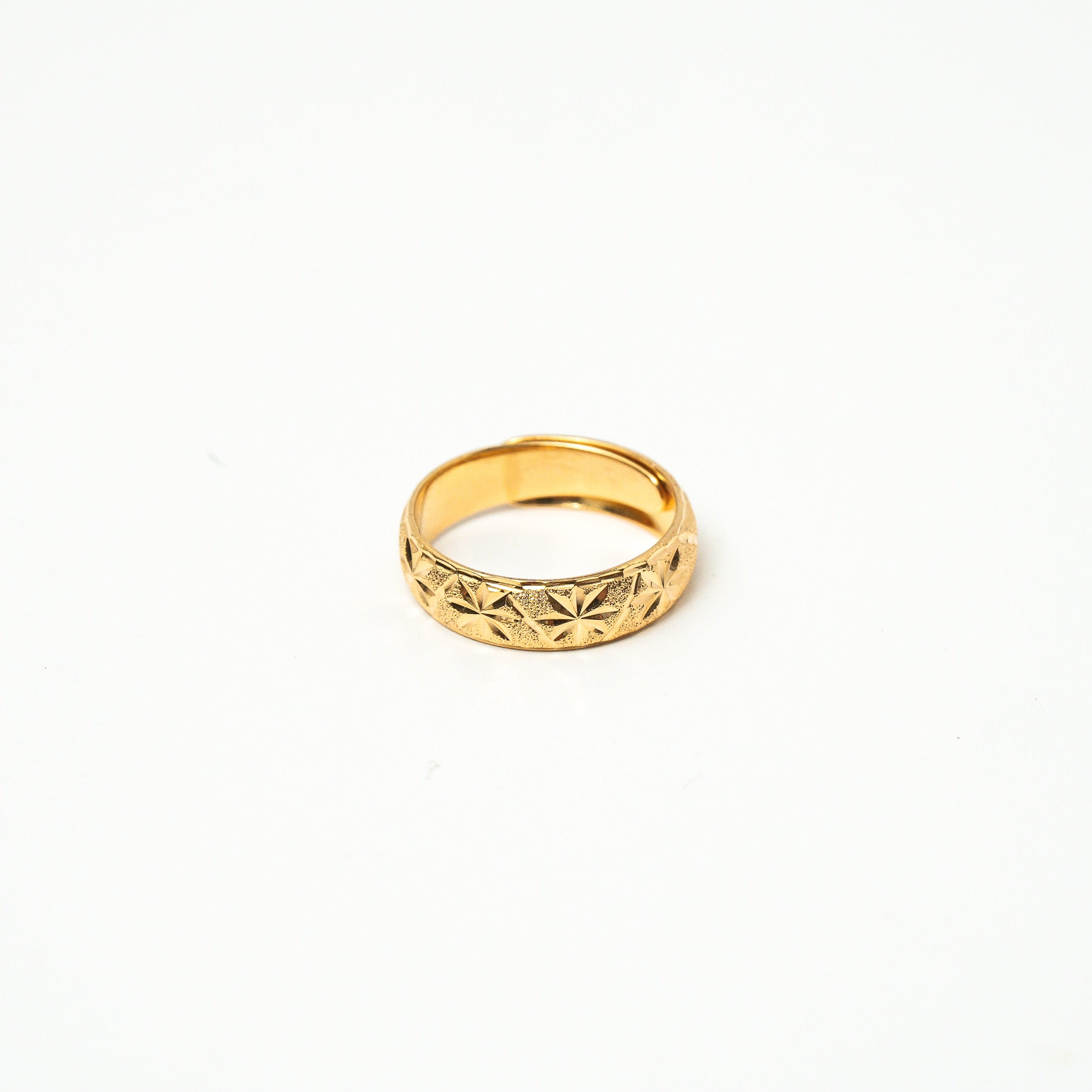 Gold ring with intricate design on a white background, Harma_Jewelry_Timeless_Bands_24K_Gold-Plated_Adjustable_Rings_2