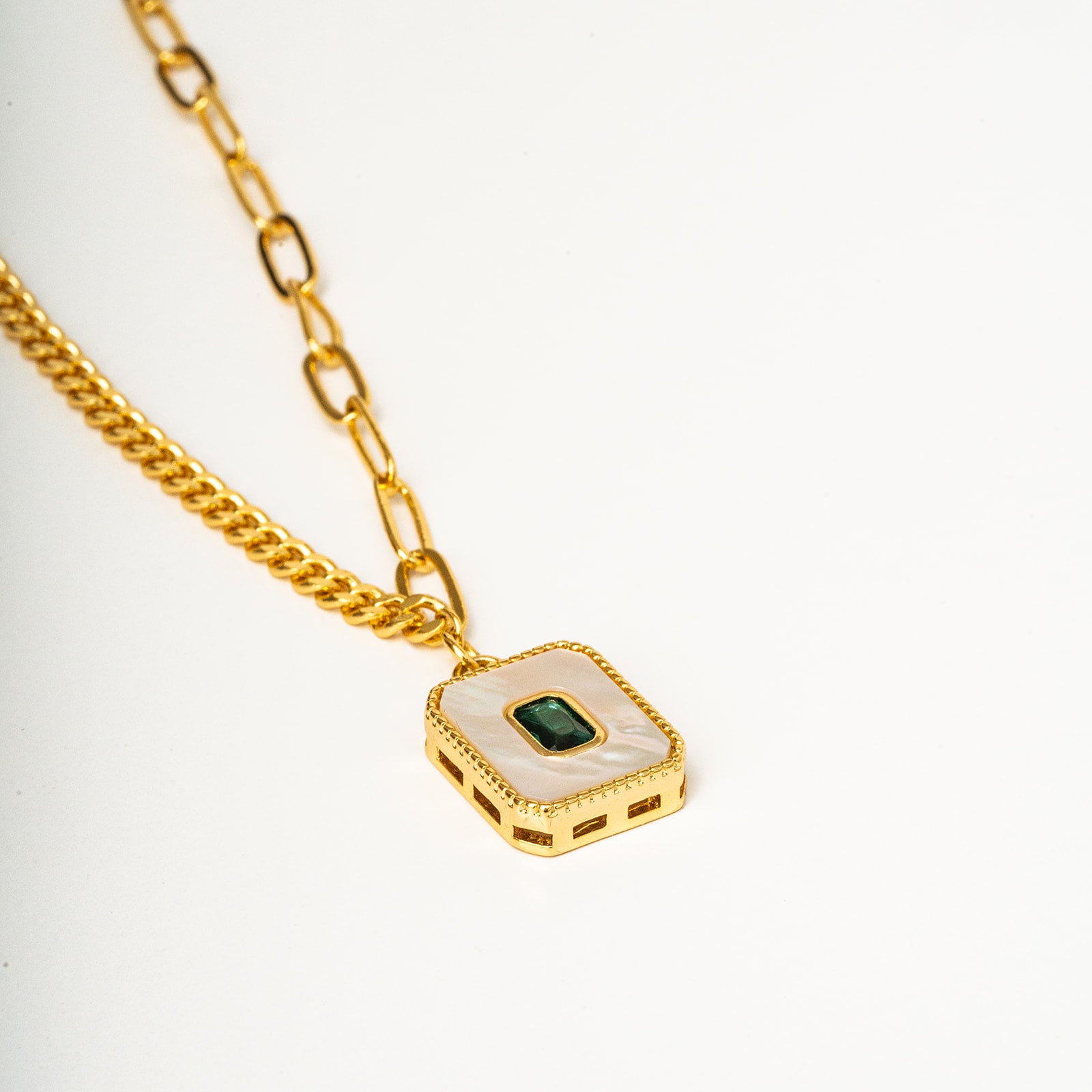 Harma Jewelry Frosted Mother of pearl Emerald Necklace - faith-inspired 18K gold plated necklace for women