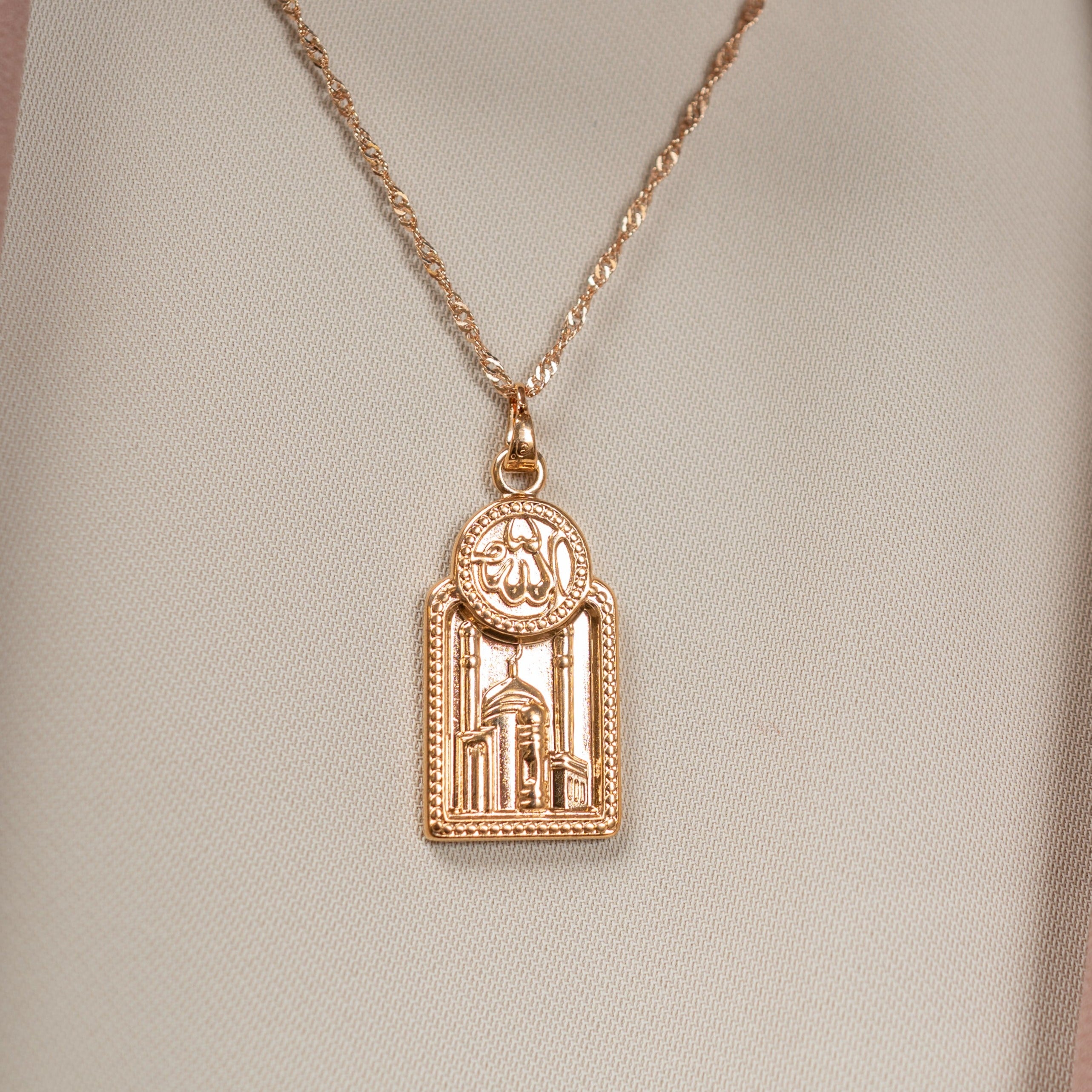 Harma Jewelry Holy Mosque Allah Necklace - faith-inspired 18K gold plated necklace for women. Harma jewelry divine Holy Mosque Allah Necklace Gold Plated 18k.