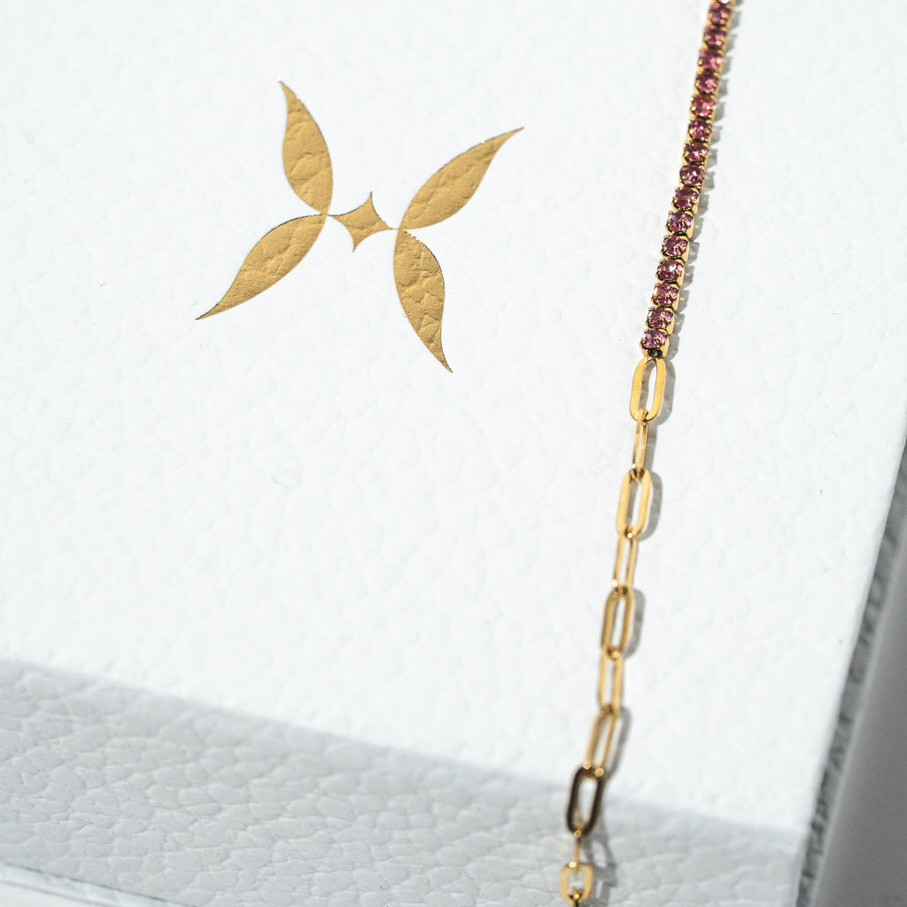 Gold chain necklace with a decorative clasp on a white background Harma jewelry gold plated I Am Becoming PINK Link Bracelet
