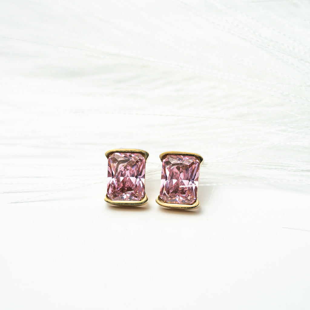 Harma Jewelry I Am Centered PINK Zirconia Stud Earrings - self-care pink 18K gold plated earrings for women