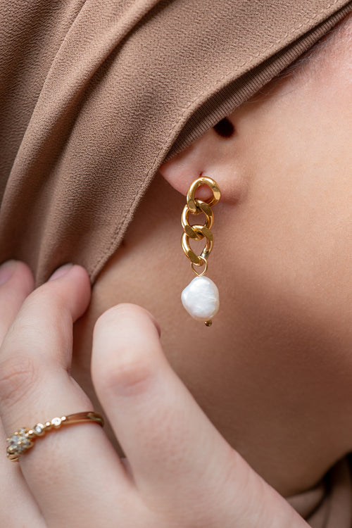 Harma Jewelry Curb Chain Link Pearl Stud Earrings - new beginnings pearl 18K gold plated earrings for women