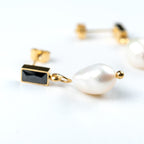 harma jewelry 24k gold plated Black Baguette Pearl Drop Stud Earrings