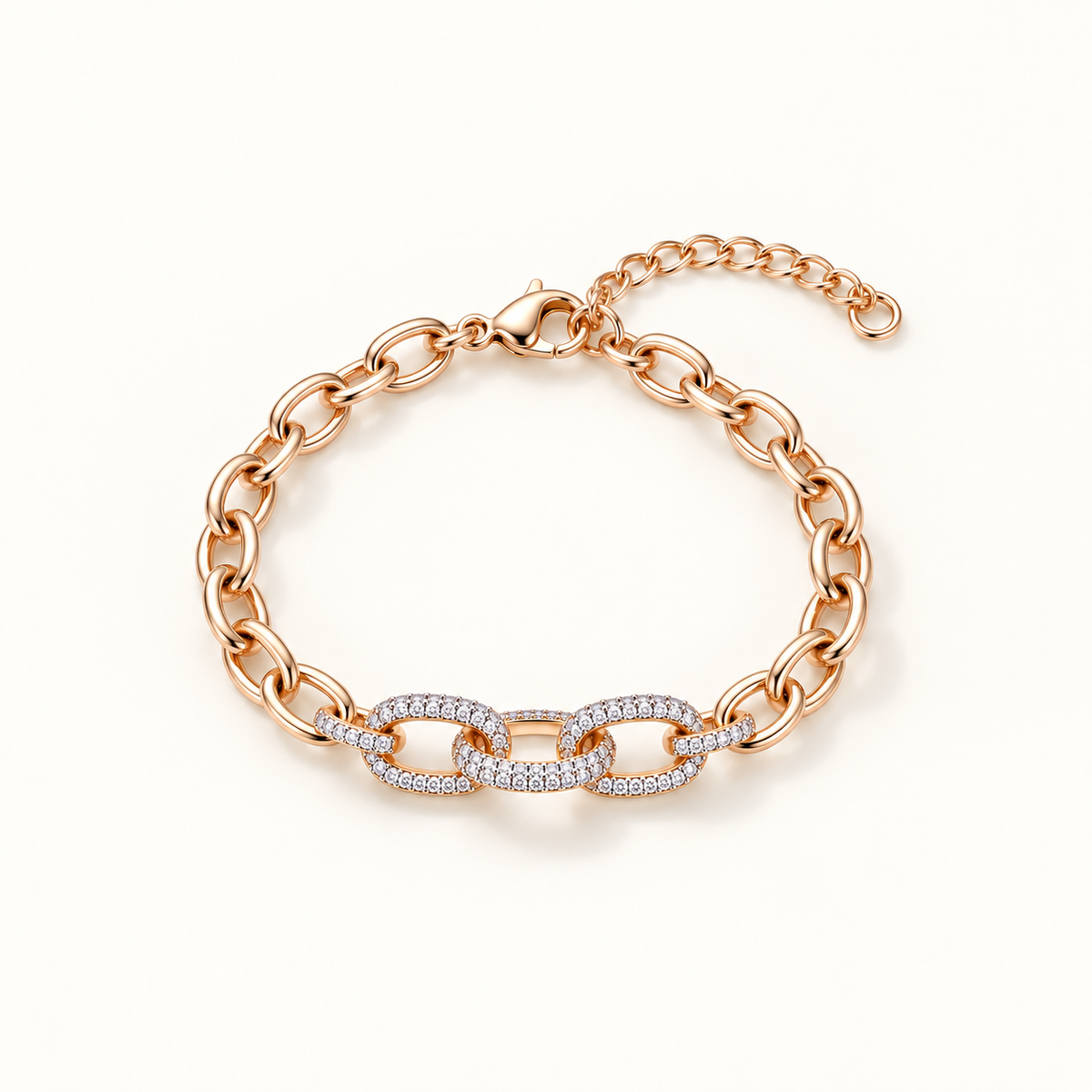 A rose gold chain bracelet with a central pavé diamond link accent, displayed on a clean white background. Élan Pavé Link Zirconia Bracelet 18k gold plated harma jewelry